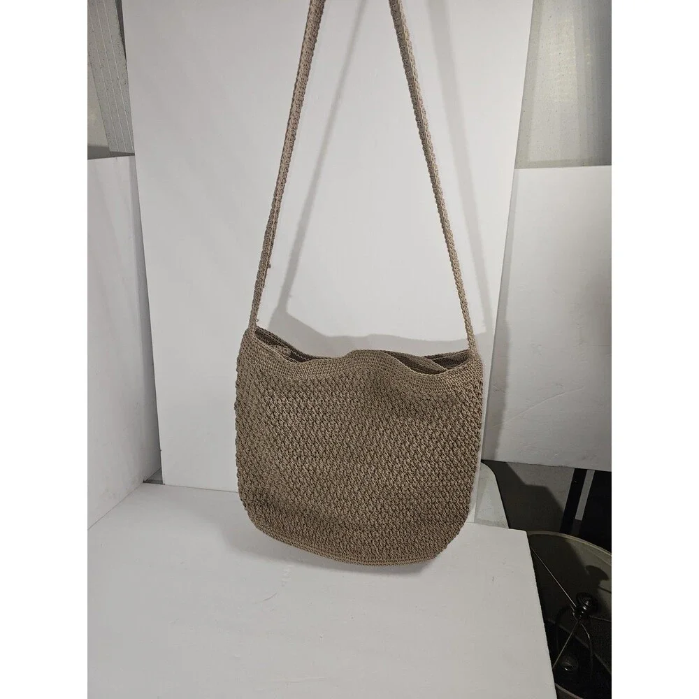 Vintage Tan Crocheted Shoulder Bag Purse Satchel Hobo Handbag, Lined, Zipper